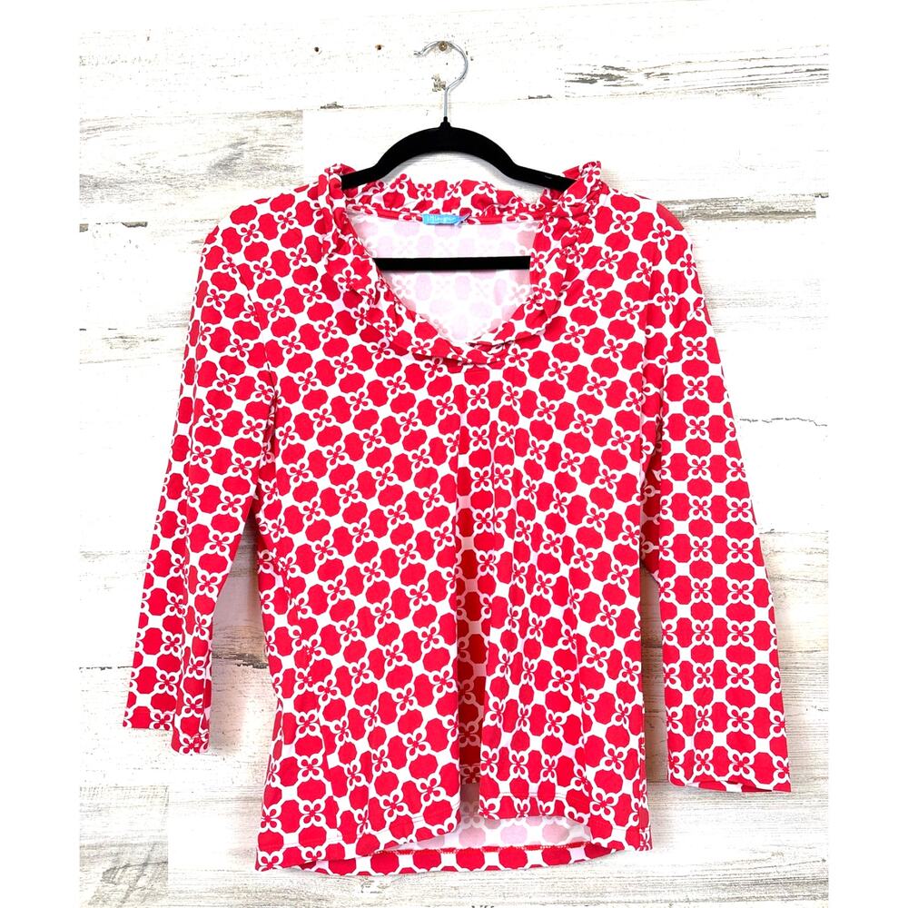 J. McLaughlin Womens M Red White Durham Ruffle Neck 3/4 Sleeve Blouse NEW